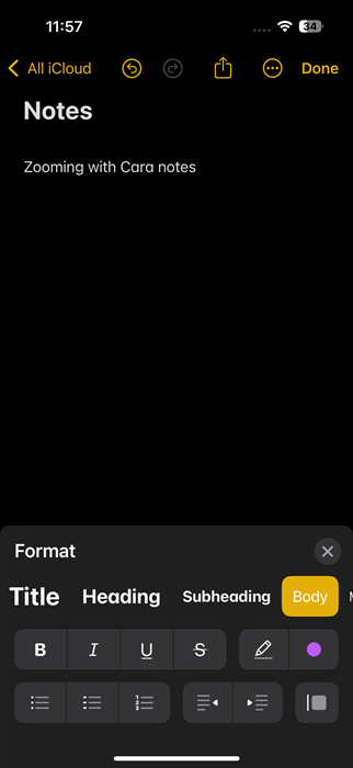 View of font changing options in Notes app on iPhone.
