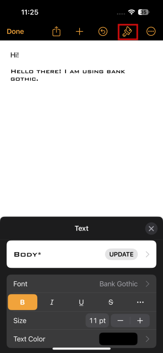 Typing with new installed font in Notes app.