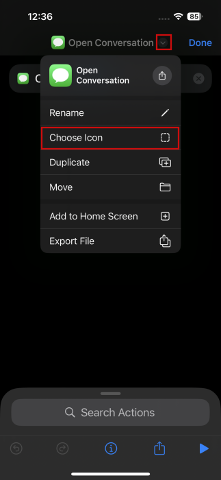 Selecting "Choose Icon" option in shortcut settings on iPhone. 