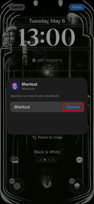 Pressing "Choose" button for adding Shortcut to iPhone lock screen.
