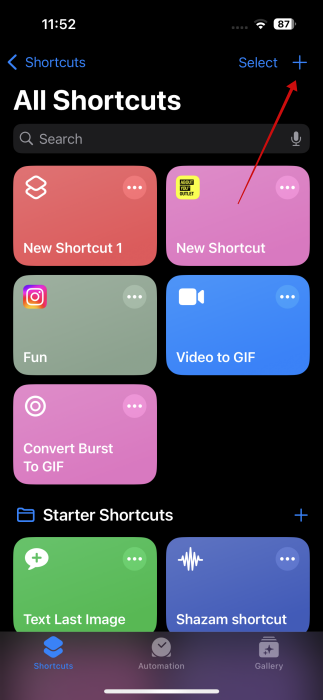 Tapping on "+" button in Shortcuts app on iPhone. 