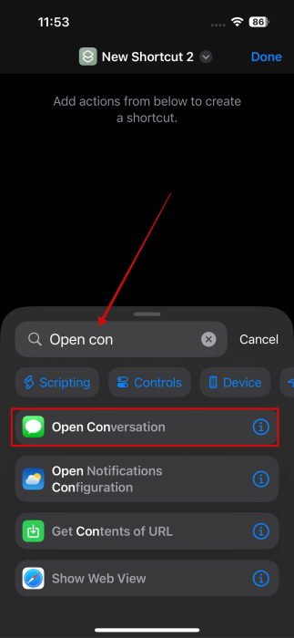 Searching for "Open Conversation" in New Shortcut screen on iPhone. 