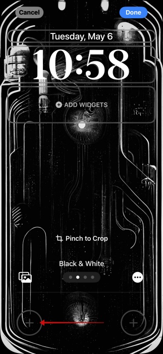 Tapping on + sign on iPhone lock screen to add new shortcuts.