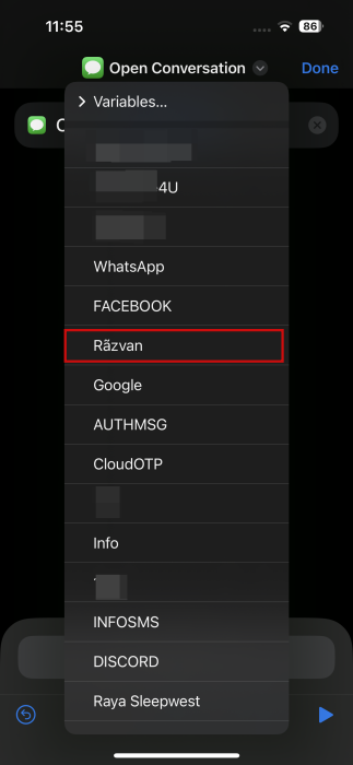 Selecting conversation from Messages app to add to shortcut on iPhone. 