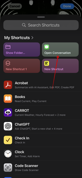 Selecting "Open Conversation" for new shortcut on iPhone lock screen. 