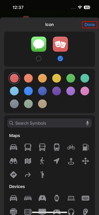 Selecting custom icon for shortcut on iPhone. 