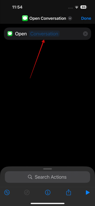 Tapping on "Conversation" for new shortcut on iPhone. 