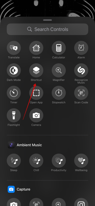 Selecting Shortcut option when adding lock screen shortcut on iPhone. 