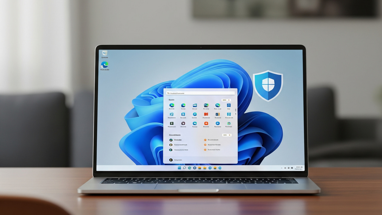 Laptop on table with Windows 11 desktop and shield icon