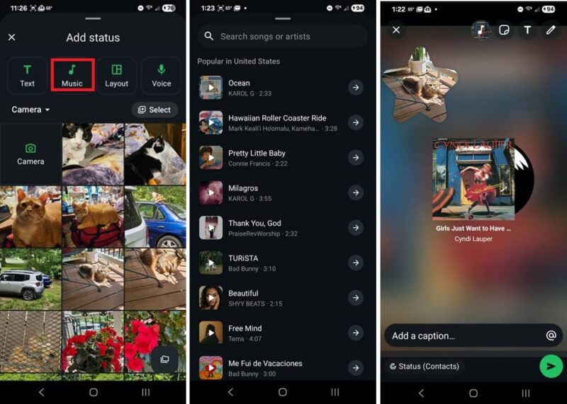 Adding a music status with a photo sticker.