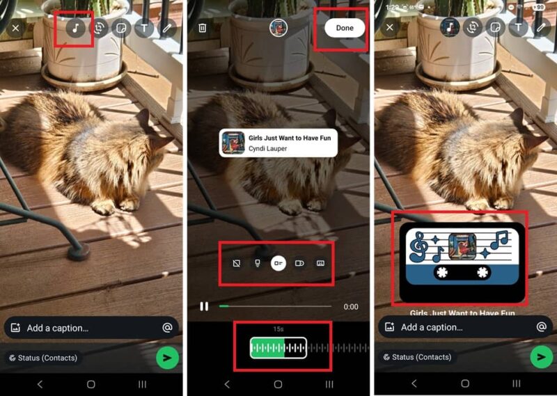 Adding music to another photo on a WhatsApp Status.