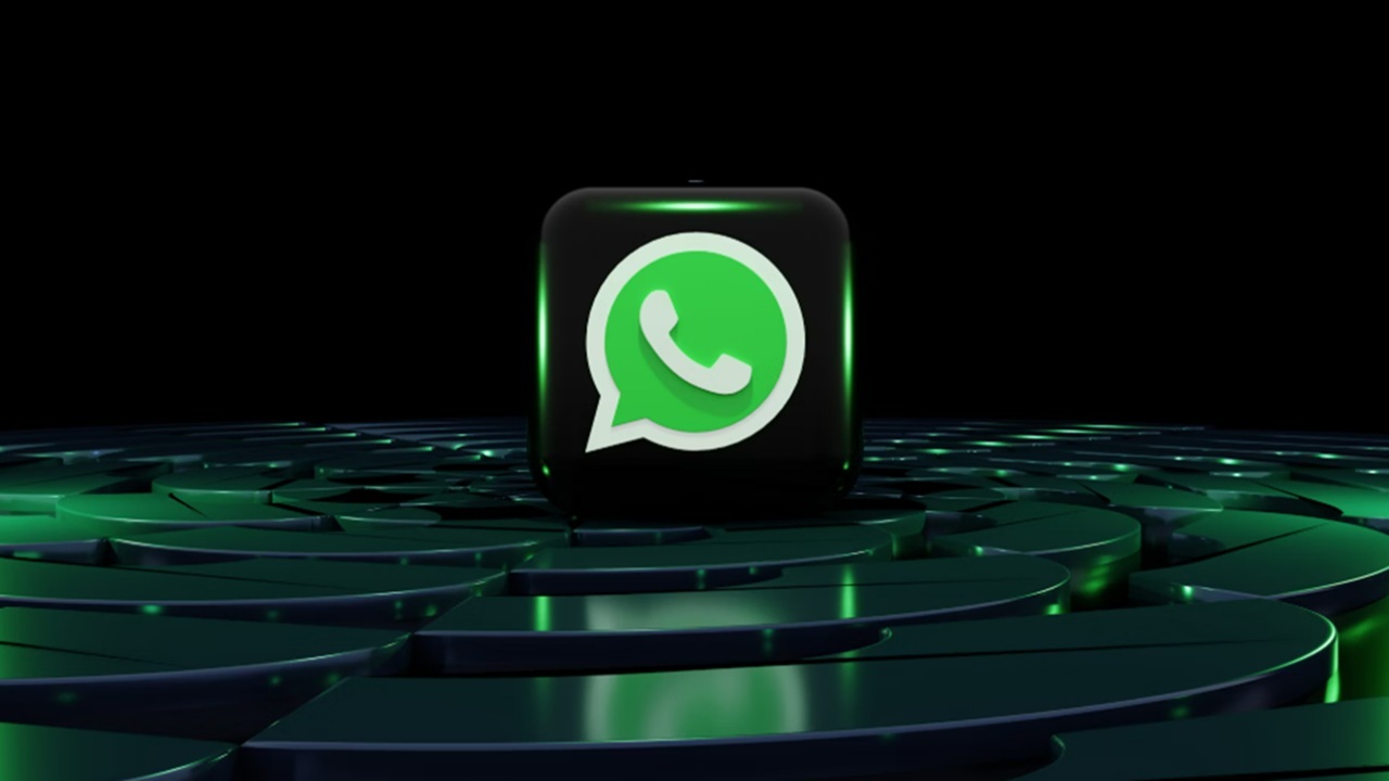 WhatsApp logo on dark background.