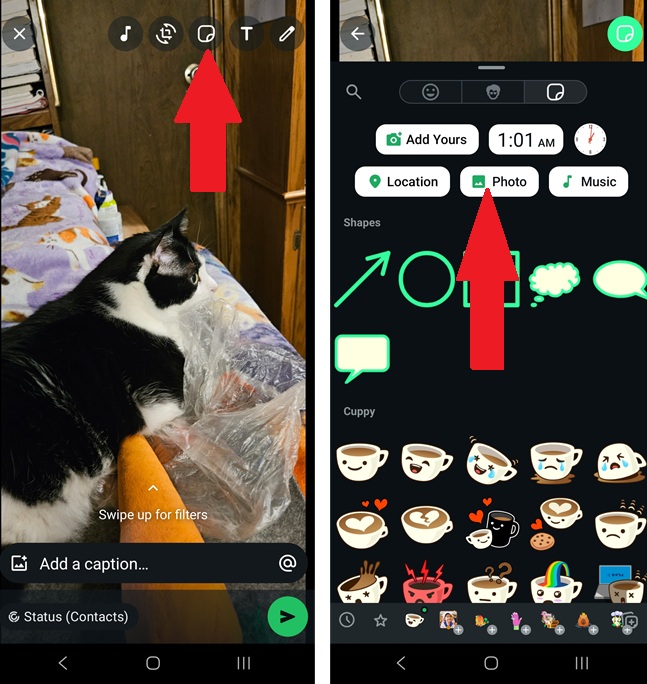 Selecting to add another photo to a status on WhatsApp.