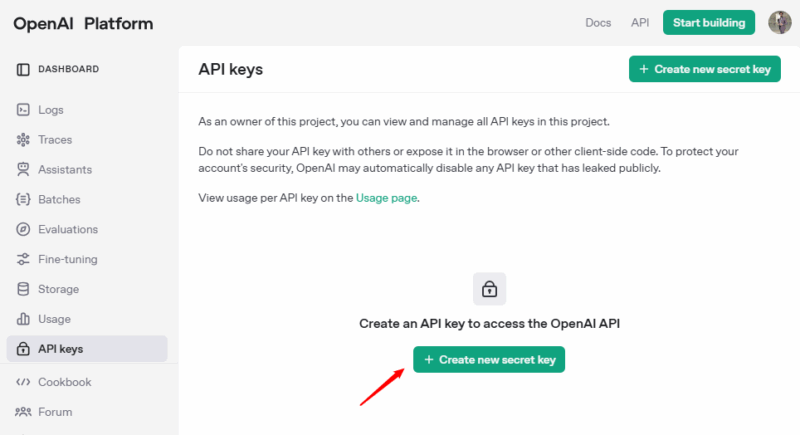 Create New Secret Key to integrate chatgpt with vscode