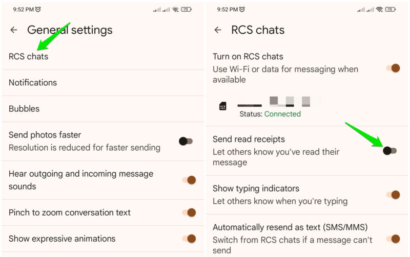 Disabling read receipt in Google Messages