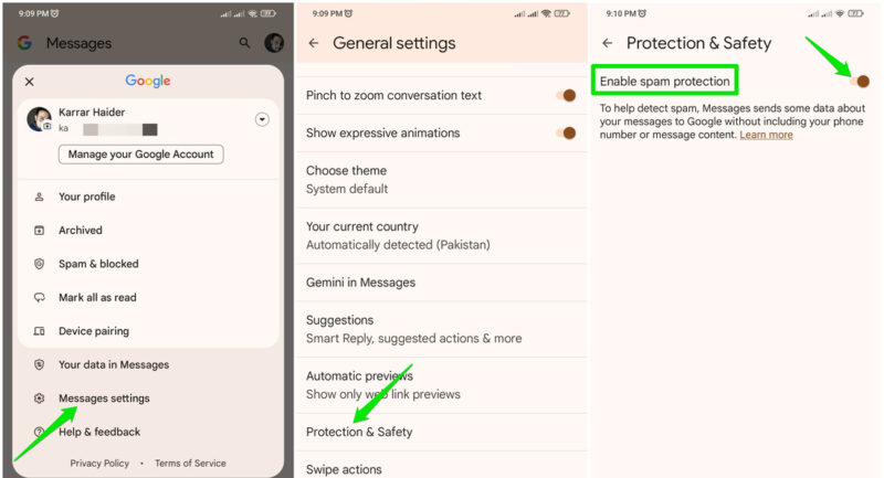 Enabling spam protection in Google Messages
