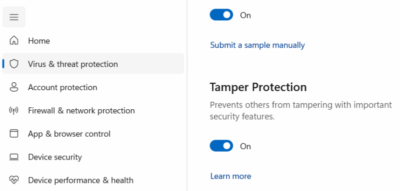 Windows Security settings with tamper protection enabled