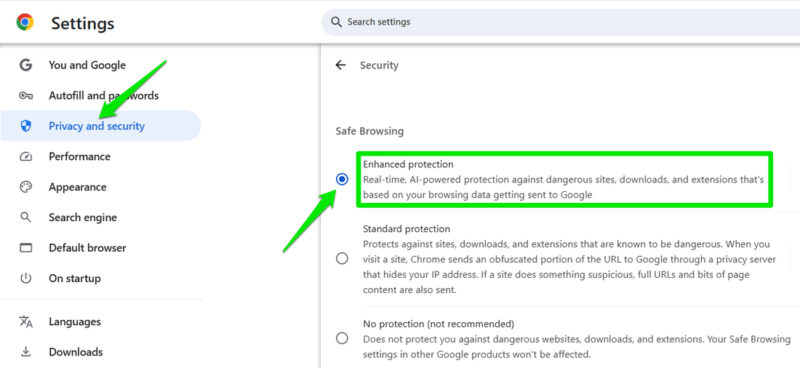 Chrome settings with enhanced protection enabled