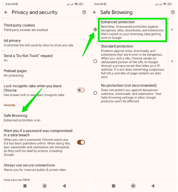 Chrome settings on Android with enhanced protection selected