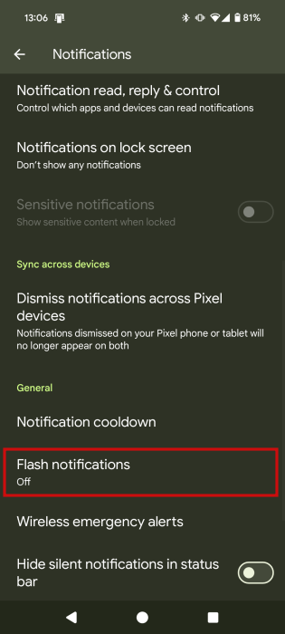 Tapping on "Flash notifications" option in Android settings.