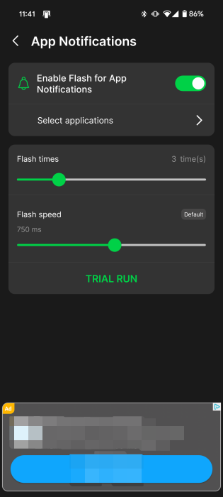 Customizing a flash notification in Flesh Alert & LED Flashlight app on Android. 