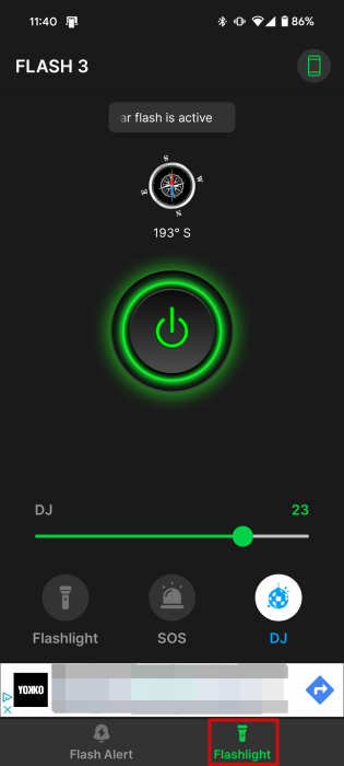 Flashlight section in Flesh Alert & LED Flashlight app on Android. 