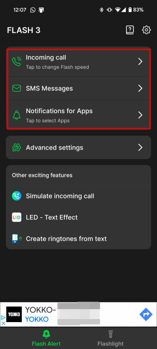 Options for flash alerts in Flesh Alert & LED Flashlight app on Android. 