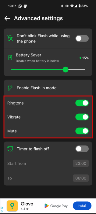 Modifying "Enable Flash in mode" in Flesh Alert & LED Flashlight app on Android. 