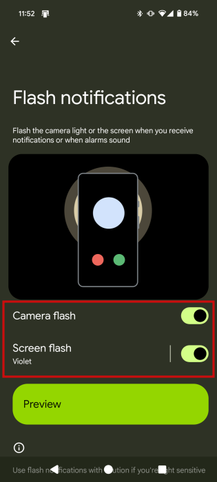 Both options for Flash Notifications enabled on Android. 