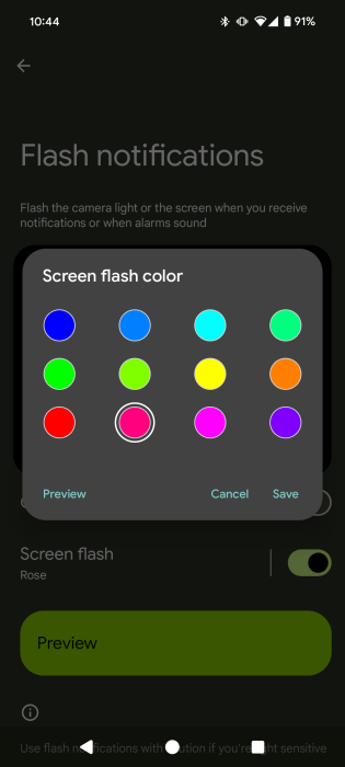 Selecting a color for screen flashing in Android settings. 