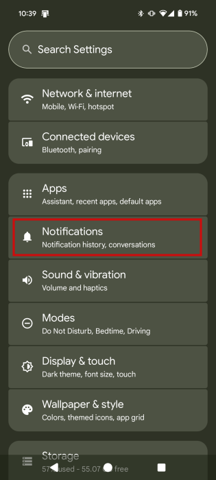 Tapping on "Notifications" option in Android Settings.