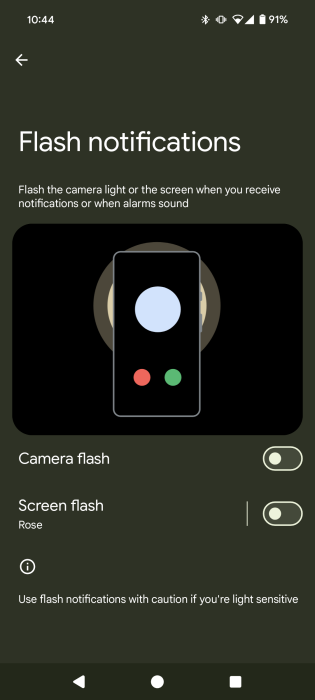 Flash Notifications settings on Android phone. 
