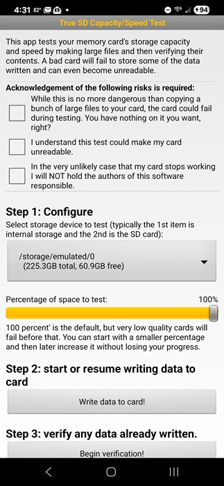 Running an SD card test on Android.