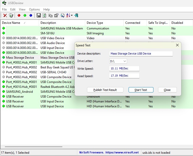Running a speed test with USBDeview.