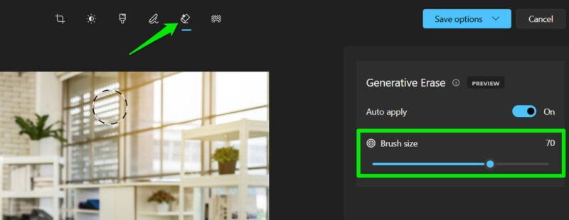 Generative Erase tool and its brush settings in Photos