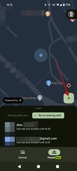 Tapping + button to share location with another contact via Find My Device app on Android.