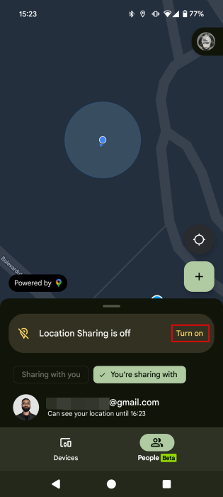 Activating location sharing & contact view in Find My Device app on Android. 