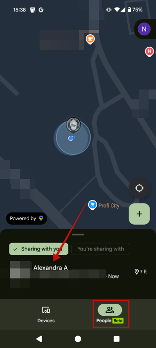 Viewing someone's location in Find My Device app on Android. 