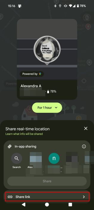 Opting for "Share a link" option in Google Find My Device app. 