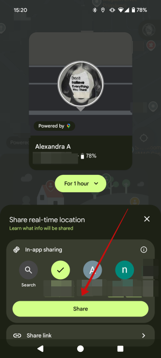 Sharing location with contact via Find My Device on Android