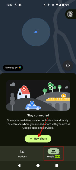 Pressing "New share" button in Google Find My Device app on Android.