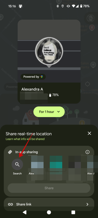 Finding contact to share location with in Find My Device on Android. 