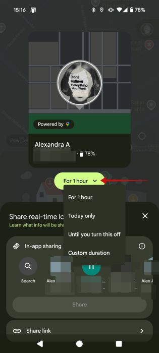Setting a time limit for location sharing in Google Find My Device. 