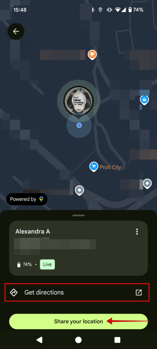Viewing option to get directions to person sharing location via Find My Device app on Android.