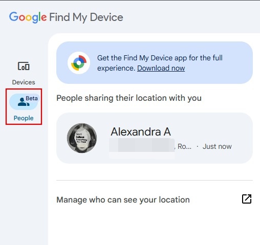 Viewing someone's location via Google Find My Device on PC.