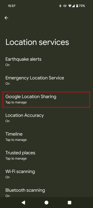 Tapping on "Google Location Sharing" in Android Settings. 