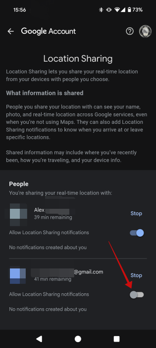 Disabling notifications for people with which you shared location with via Google Find My Device app. 