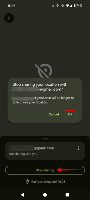 Stopping to share location using Find My Device app on Android.