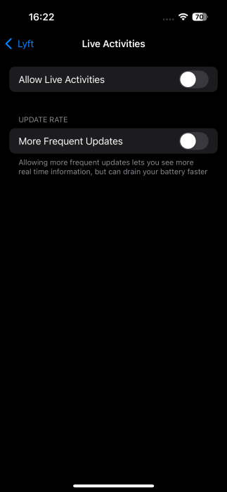 Disabling options to "Allow Live Activities" and "More Frequent Updates" in app settings on iPhone. 