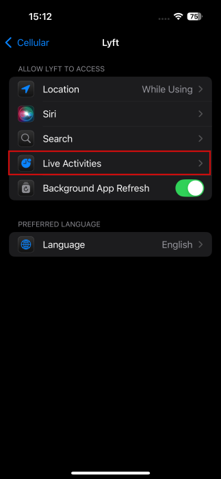 Tapping on "Live Activities" in app settings on iPhone. 